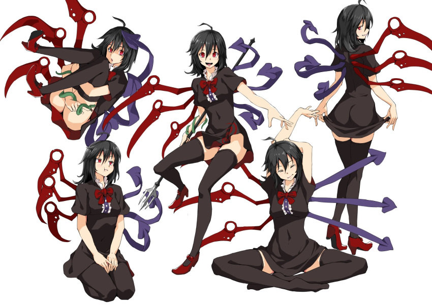 1girl :d :o :t arms_up ass asymmetrical_wings bangs black_dress black_hair black_legwear blue_wings bow bowtie breasts buttons center_frills closed_eyes closed_mouth commentary dress frilled_dress frills full_body grin highres holding holding_pitchfork houjuu_nue indian_style leg_hug looking_at_viewer looking_back looking_to_the_side mary_janes medium_breasts medium_hair multiple_views open_mouth pitchfork red_bow red_eyes red_footwear red_neckwear red_wings shoe_bow shoes short_dress short_sleeves simple_background sitting smile snake stretch sy4 thigh-highs touhou wariza white_background wings