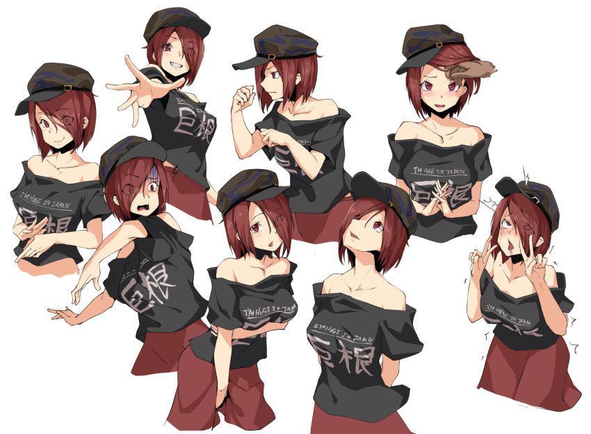 1girl ahegao bangs black_shirt blush breasts brown_headwear closed_mouth clothes_writing collarbone commentary_request cookie_(touhou) curled_fingers double_v english_text eyebrows_visible_through_hair eyes_visible_through_hair gloom_(expression) grin hair_between_eyes hair_lift hair_over_one_eye hat hecatia_lapislazuli ktgijgkgdusimn_(cookie) large_breasts looking_at_viewer looking_to_the_side looking_up multiple_girls off-shoulder_shirt off_shoulder open_mouth own_hands_together pose red_eyes red_skirt shirt short_hair simple_background skirt smile sy4 touhou upper_body v white_background