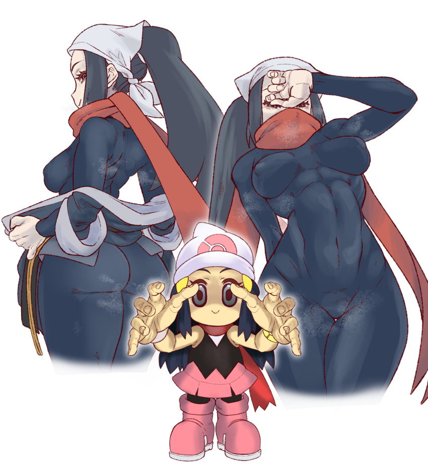 2girls abs ass beanie bodysuit boots chibi covered_navel female_protagonist_(pokemon_legends:_arceus) guido_(sucurapu) hand_over_face hat head_scarf highres looking_at_viewer multiple_girls multiple_views outstretched_arms pink_footwear pink_skirt pokemon pokemon_(game) pokemon_bdsp pokemon_legends:_arceus red_scarf scarf simple_background skirt smile steaming_body toned undressing white_headwear