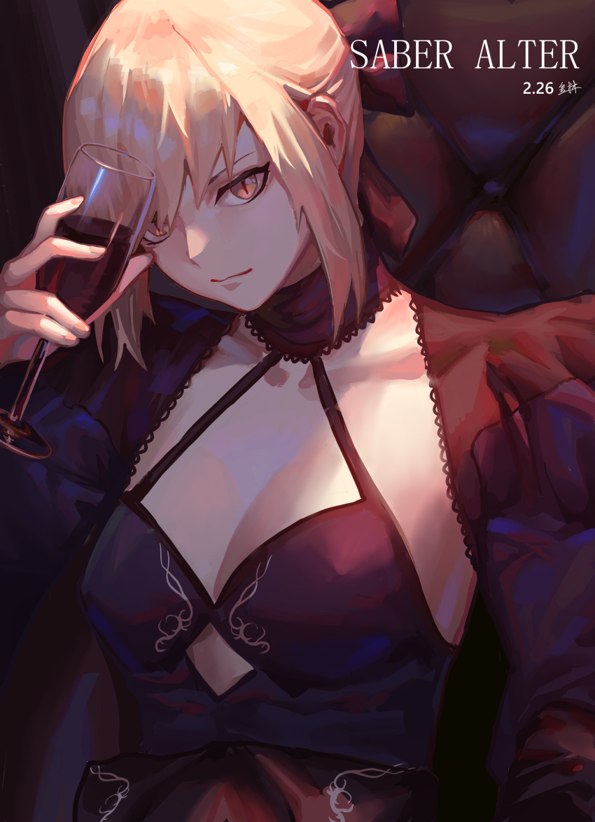 1girl absurdres alcohol artoria_pendragon_(all) bangs black_dress blonde_hair breasts collarbone colored_skin cup dress drinking_glass fate/grand_order fate/stay_night fate_(series) frilled_sleeves frills goblet highres jinlin looking_at_viewer saber saber_alter skirt white_skin wine wine_glass yellow_eyes