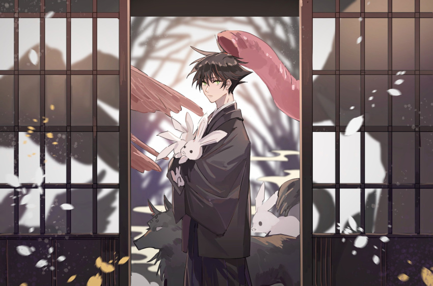 1boy animal bangs black_hair black_kimono closed_mouth cowboy_shot dog elephant fushiguro_megumi green_eyes hair_between_eyes highres holding japanese_clothes jujutsu_kaisen kimono likin000 long_sleeves looking_at_viewer male_focus monster rabbit short_hair sliding_doors solo spiky_hair standing wings