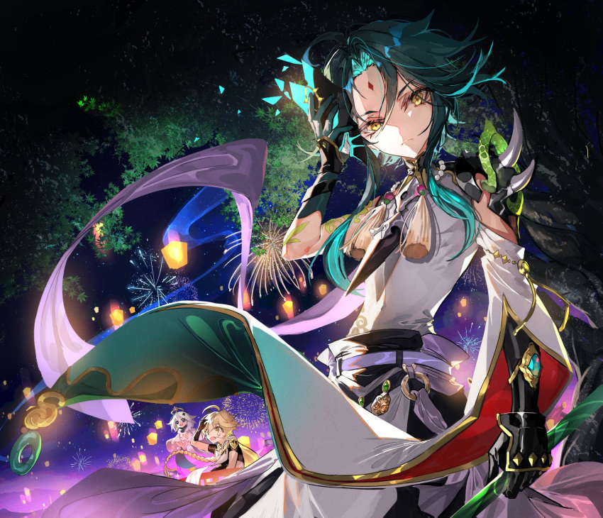 1girl 2boys aether_(genshin_impact) ahoge arm_guards arm_tattoo armor asymmetrical_clothes bangs bead_necklace beads black_gloves black_hair blonde_hair braid cape closed_mouth detached_sleeves diamond_(shape) dress eyebrows_visible_through_hair eyeshadow facial_mark fading fireworks forehead_mark genshin_impact gloves green_gloves green_hair hair_between_eyes hair_ornament halo highres holding holding_mask holding_spear holding_weapon jewelry lantern long_hair long_sleeves looking_at_viewer makeup male_focus mask multicolored_hair multiple_boys mura_karuki necklace night night_sky open_mouth outdoors paimon_(genshin_impact) parted_bangs pendant polearm red_eyeshadow scarf short_hair short_hair_with_long_locks shoulder_armor shoulder_pads shoulder_spikes single_bare_shoulder single_detached_sleeve sky slit_pupils smile solo_focus spear spikes tassel tattoo tree two-tone_hair vision_(genshin_impact) weapon white_dress white_hair wide_sleeves xiao_(genshin_impact) yellow_eyes