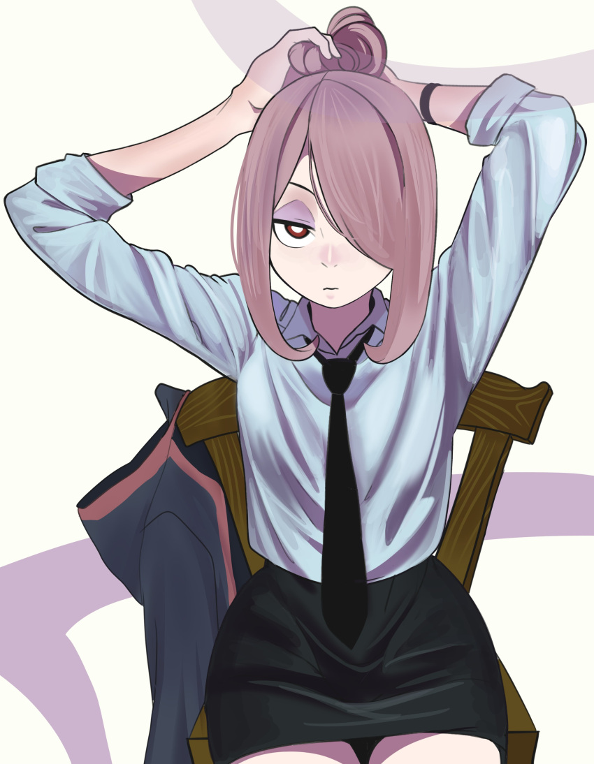 1girl absurdres adjusting_hair armband black_neckwear black_skirt chair collar commentary eyeshadow hair_over_one_eye highres little_witch_academia looking_at_viewer makeup necktie pale_skin pingi_(pingioo) pink_hair red_eyes shirt simple_background sitting skirt solo sucy_manbavaran