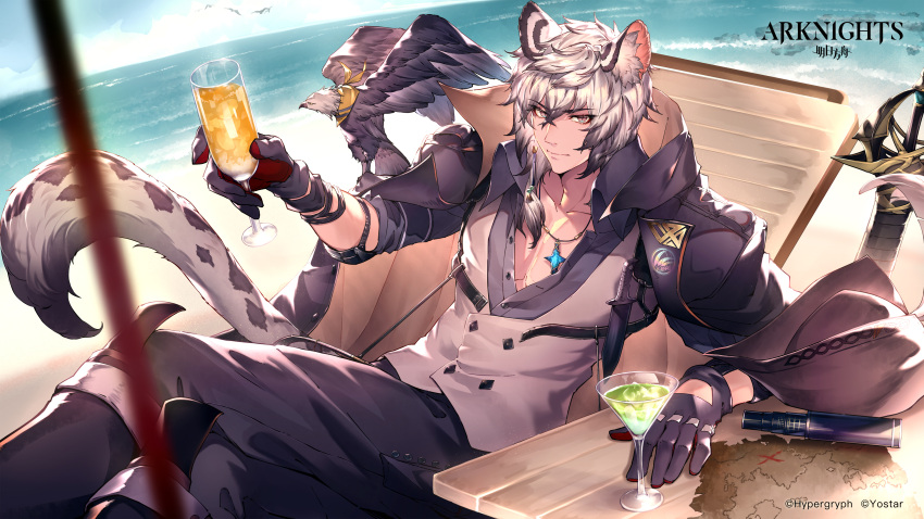 1boy absurdres animal_ear_fluff animal_ears arknights beach_chair bird black_pants copyright_name cup drinking_glass essual_(layer_world) feet_out_of_frame grey_eyes highres holding holding_cup leopard_ears leopard_tail looking_at_viewer male_focus official_alternate_costume official_art pants shirt short_hair silver_hair silverash_(arknights) silverash_(seeker)_(arknights) sitting smile solo tail tenzin_(arknights) white_shirt