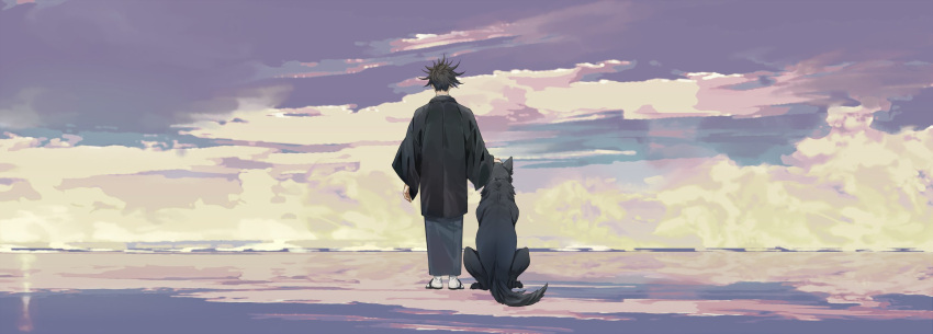 1boy animal black_hair black_kimono dog facing_away full_body fushiguro_megumi haori highres japanese_clothes jujutsu_kaisen kimono long_sleeves male_focus sandals satsuki_g short_hair sky solo spiky_hair standing tabi wide_sleeves