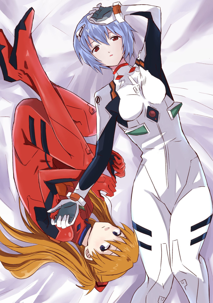 2girls ayanami_rei bangs bed_sheet blue_eyes blue_hair bodysuit breasts commentary expressionless fetal_position from_above hair_between_eyes hair_ornament hand_on_another's_shoulder hand_on_own_head highres interface_headset knees_together_feet_apart long_hair looking_at_viewer lying multiple_girls nago_0313 neon_genesis_evangelion on_back on_bed on_side parted_lips plugsuit red_bodysuit red_eyes redhead short_hair side-by-side small_breasts souryuu_asuka_langley two_side_up upside-down white_bodysuit