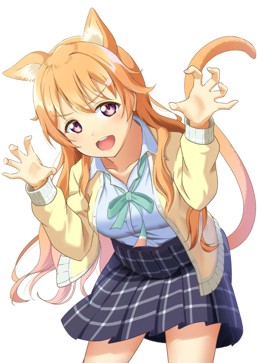 1girl absurdres animal_ears blue_shirt breasts brown_hair buttons cat_day cat_ears cat_girl cat_tail green_neckwear grey_skirt highres jacket konoe_kanata large_breasts long_hair long_sleeves looking_at_viewer love_live! love_live!_nijigasaki_high_school_idol_club neck_ribbon nijigasaki_academy_uniform oku_1225 orange_hair paw_pose plaid plaid_skirt pleated_skirt ribbon shirt skirt solo standing tail tail_raised violet_eyes wavy_hair yellow_jacket