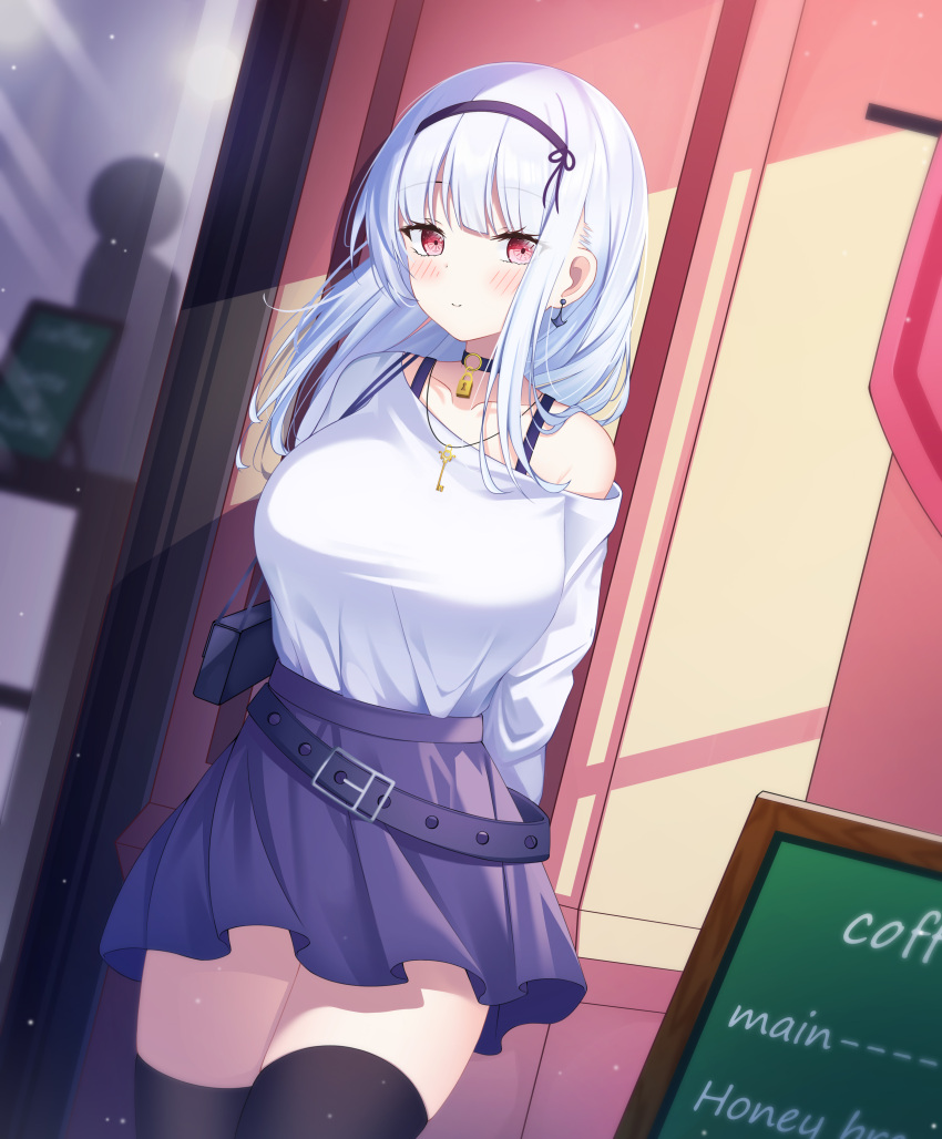 1girl absurdres arms_behind_back azur_lane bag belt black_legwear blush bra_strap breasts choker closed_mouth dido_(azur_lane) earrings hairband highres holding holding_bag jewelry key lin_(user_uzmw2535) long_hair looking_at_viewer purple_choker purple_skirt red_eyes shirt silver_hair simple_background skirt solo standing thigh-highs white_shirt