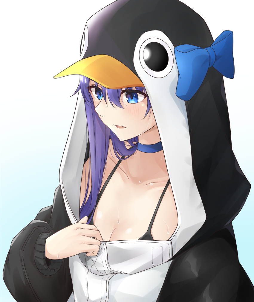 1girl absurdres animal_hood bikini bikini_top blue_choker blue_eyes blush choker collarbone fate/grand_order fate_(series) highres hood long_hair long_sleeves looking_away meltryllis_(fate) meltryllis_(swimsuit_lancer)_(fate) onesie parted_lips penguin_hood purple_hair solo sweat swimsuit tsurupy