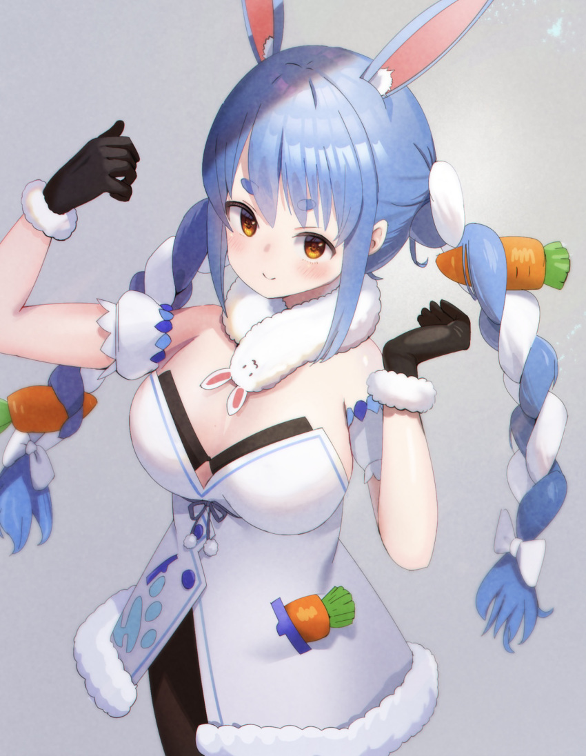 1girl animal_ear_fluff animal_ears arms_up black_gloves black_legwear blue_hair blush breasts brown_eyes carrot carrot_in_pocket commentary cowboy_shot detached_sleeves dress extra_ears fur-trimmed_dress fur-trimmed_gloves fur_trim gloves grey_background highres hololive long_hair looking_at_viewer medium_breasts rabbit_ears ruka_tou scarf short_sleeves simple_background sleeveless sleeveless_dress smile solo thick_eyebrows usada_pekora virtual_youtuber white_dress white_sleeves