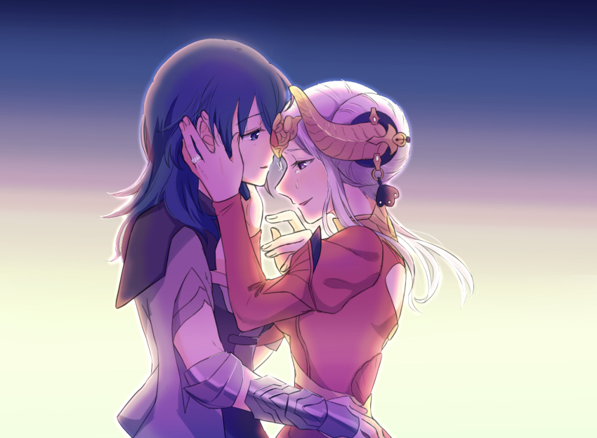 2girls arm_up armor back_cutout bangs blue_eyes blue_hair breasts byleth_(fire_emblem) byleth_eisner_(female) clothing_cutout collared_dress commentary_request couple crying dress edelgard_von_hresvelg eyebrows_visible_through_hair face-to-face fire_emblem fire_emblem:_three_houses from_side gradient gradient_background hair_between_eyes hair_ornament hand_on_another's_cheek hand_on_another's_face highres jewelry long_sleeves looking_at_another looking_away multiple_girls parted_lips puffy_long_sleeves puffy_sleeves red_dress ring riromomo sidelocks smile standing tears upper_body violet_eyes white_hair yuri