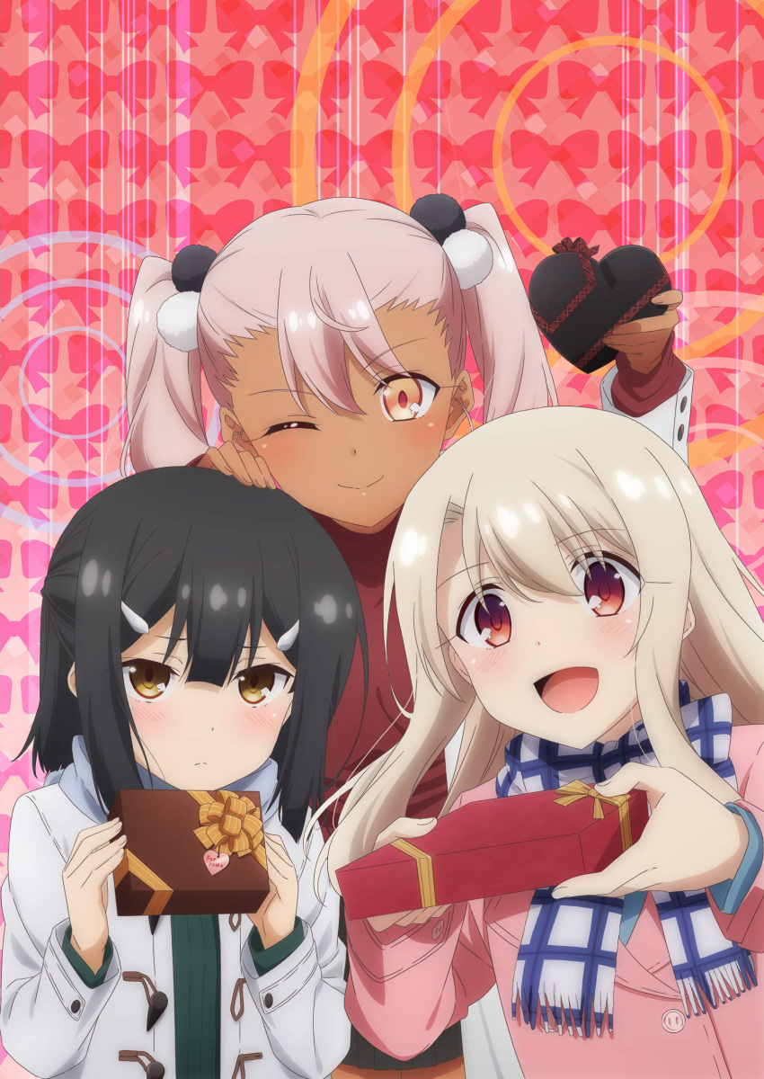:d ;) bangs box chloe_von_einzbern closed_mouth coat eyebrows_visible_through_hair fate/kaleid_liner_prisma_illya fate_(series) floating_hair frown gift gift_box hair_between_eyes hair_bobbles hair_ornament hairclip hand_on_another's_head heart-shaped_box highres holding holding_box illyasviel_von_einzbern long_hair miyu_edelfelt multiple_girls one_eye_closed open_mouth pink_coat pink_hair plaid plaid_scarf red_background red_eyes scarf shiny shiny_hair silver_hair smile twintails upper_body valentine white_coat yellow_eyes