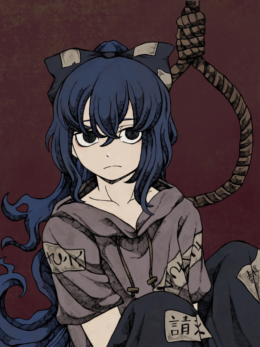 1girl awk_chan bangs blue_bow blue_eyes blue_hair blue_pants bow breasts closed_mouth collarbone crossed_bangs debt expressionless eyebrows_behind_hair feet_out_of_frame grey_hoodie hair_between_eyes hair_bow highres hood hoodie knees_up long_hair looking_up noose pants red_background short_sleeves simple_background small_breasts solo touhou upper_body very_long_hair yorigami_shion