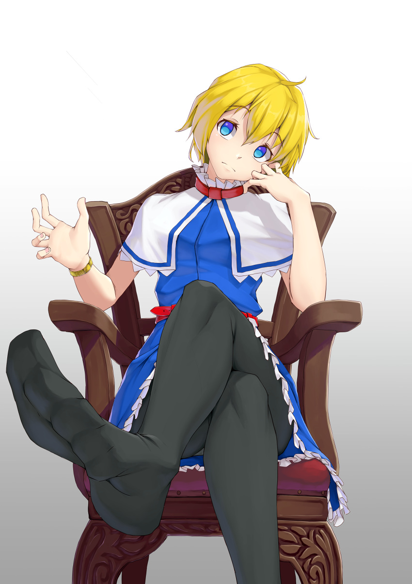 1girl absurdres alice_margatroid bangs belt black_legwear blue_dress blush capelet chair closed_mouth commentary_request cookie_(touhou) crossed_legs dress eyebrows_visible_through_hair feet foot_out_of_frame frilled_dress frills hair_between_eyes head_tilt highres lace-trimmed_capelet lace_trim looking_at_viewer no_shoes pantyhose red_belt red_neckwear short_hair simple_background sitting solo sy4 touhou watch watch web_(cookie) white_background white_capelet