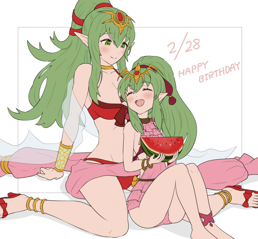 2girls ass bikini blush breasts child closed_eyes cute dragon_girl dual_persona elf fire_emblem fire_emblem:_mystery_of_the_emblem fire_emblem:_shadow_dragon_and_the_blade_of_light fire_emblem_11 fire_emblem_13 fire_emblem_awakening fire_emblem_heroes fire_emblem_shadow_dragon fire_emblem_warriors gonzarez green_eyes green_hair hair_ornament highres hug intelligent_systems jewelry long_hair manakete multiple_girls nintendo older one-piece_swimsuit open_mouth pointy_ears ponytail smile super_smash_bros. swimsuit tiara tiki_(fire_emblem) time_paradox young_adult