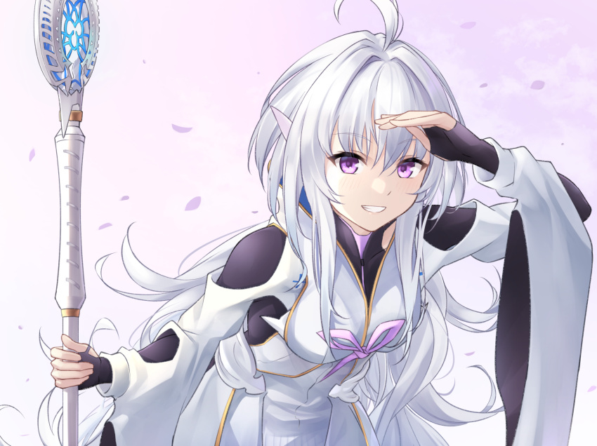 1girl ahoge black_bodysuit bodysuit bodysuit_under_clothes clothing_cutout fate/grand_order_arcade fate/prototype fate_(series) grin hair_intakes highres holding holding_staff leaning_forward light_blush long_hair long_sleeves looking_at_viewer merlin_(fate/prototype) petals salute shading_eyes shoulder_cutout sidelocks silver_hair skin_tight smile solo staff tsurupy violet_eyes white_hair wide_sleeves