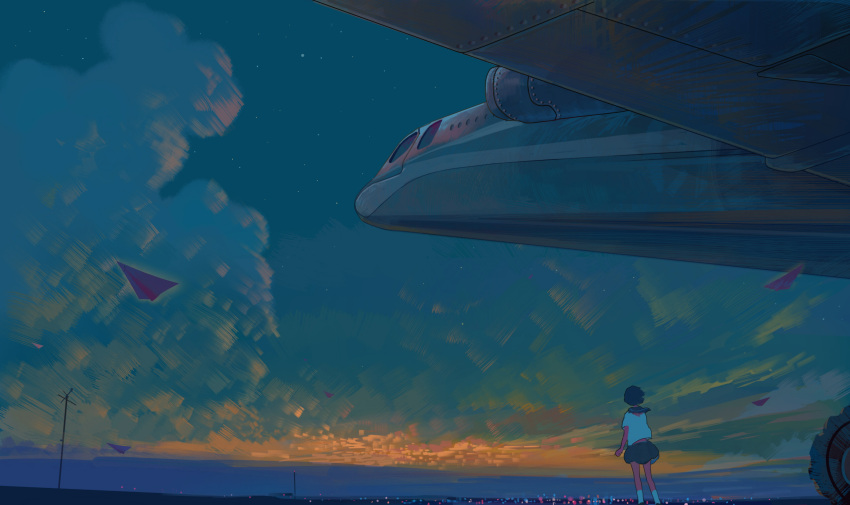 1girl aircraft airplane bangqiao_yan black_hair clouds cloudy_sky facing_away feet_out_of_frame from_behind highres original paper_airplane shirt short_hair short_sleeves sky socks solo star_(sky) starry_sky twilight white_legwear white_shirt wide_shot