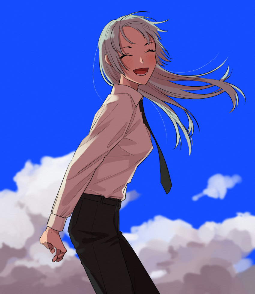 1girl ^_^ ^o^ arms_behind_back black_neckwear black_pants blue_sky blush breasts closed_eyes clouds cloudy_sky collared_shirt commentary cowboy_shot day dress_shirt from_side highres jujutsu_kaisen laughing light_blue_hair long_hair looking_at_viewer medium_breasts miwa_kasumi necktie open_mouth outdoors pants shirt sky smile solo straight_hair tachibanakimi white_shirt wings