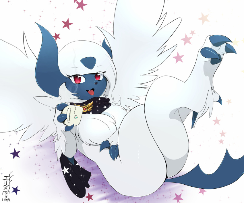 1girl :3 absol artist_name asymmetrical_horns badge black_scarf blue_skin body_fur claws coffee colored_skin commentary crossed_legs cup dated english_commentary eryz eyebrows_visible_through_hair eyes_visible_through_hair fang fluffy full_body furry fushigi_no_dungeon gen_3_pokemon hand_up happy holding holding_cup horns legs_up looking_at_viewer lying mega_absol mega_pokemon mug on_back open_mouth poke_ball_symbol poke_ball_theme pokemon pokemon_(creature) pokemon_(game) pokemon_mystery_dungeon red_eyes scarf short_hair signature smile solo sparkle star_(symbol) star_print starry_background steam tongue white_background white_fur white_hair white_wings wings