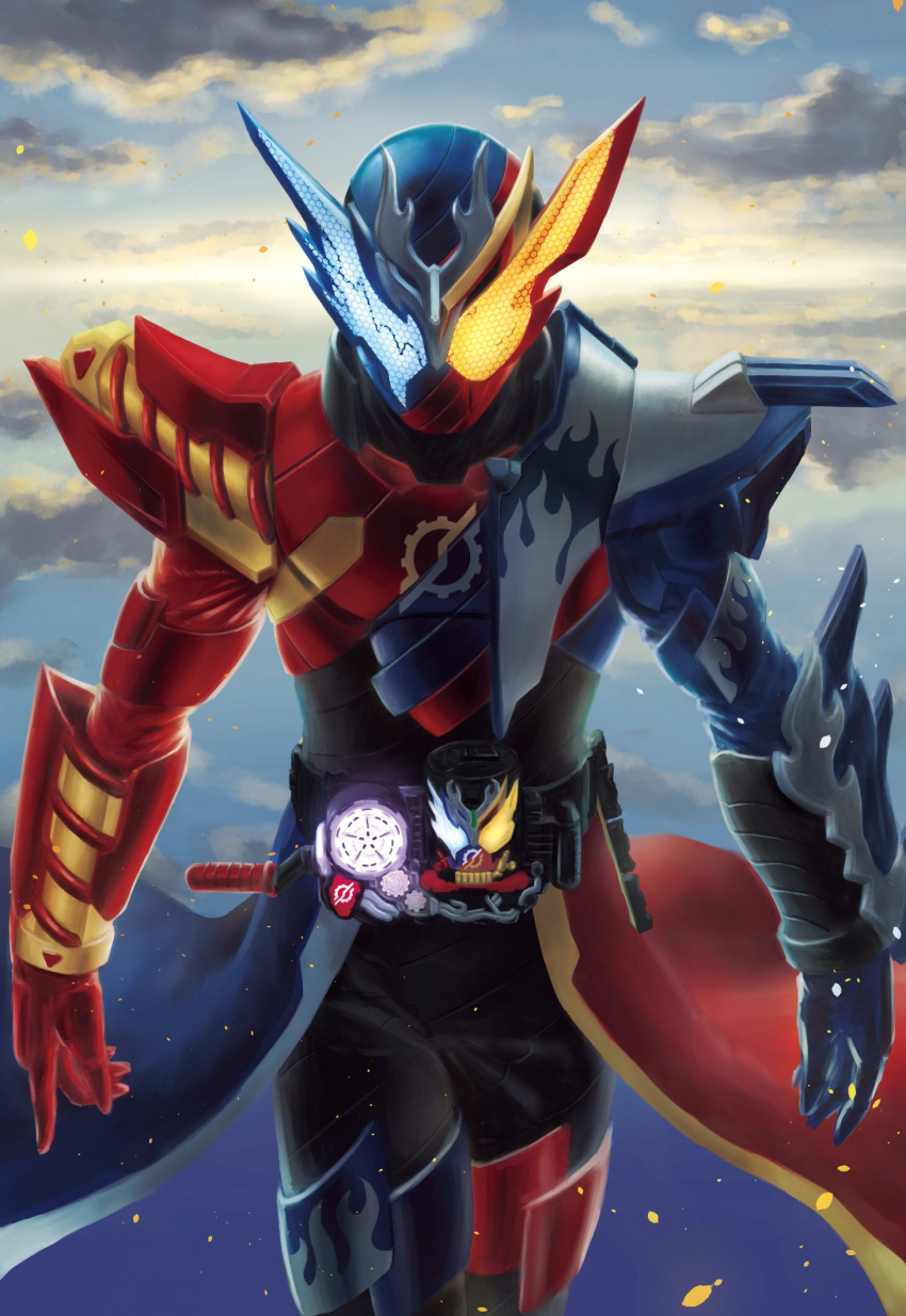 1boy animal_ears blue_armor blue_eyes blue_footwear blue_sky build_driver clouds coattails cross-zbuild_form dragon driver flame_print glowing glowing_eyes heterochromia highres kamen_rider kamen_rider_build kamen_rider_build_(series) looking_at_viewer male_focus namahamu913 rabbit_ears red_armor red_footwear rider_belt sky tokusatsu yellow_eyes