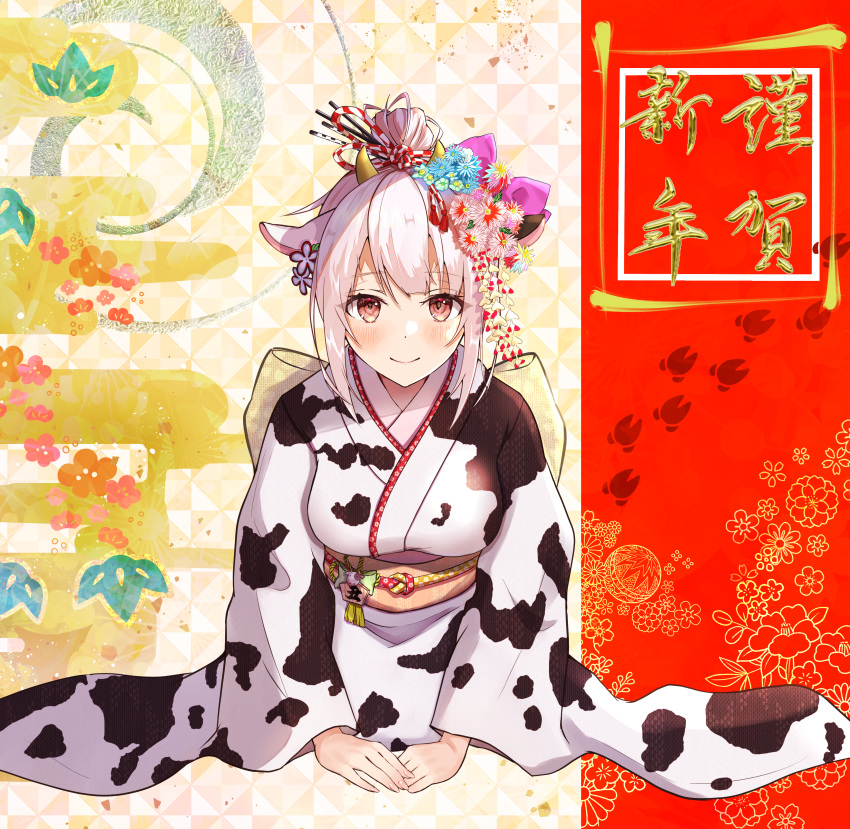 1girl absurdres animal_ears animal_print bangs blush bow breasts chinese_zodiac closed_mouth cow_ears cow_girl cow_horns cow_print dogeza egasumi flower hair_bow hair_bun hair_flower hair_ornament hairpin happy_new_year highres horns huge_filesize japanese_clothes kanzashi kimono large_breasts looking_at_viewer mugiusagi new_year obi obiage obijime original print_kimono red_eyes sash shirt smile solo white_hair white_shirt year_of_the_ox