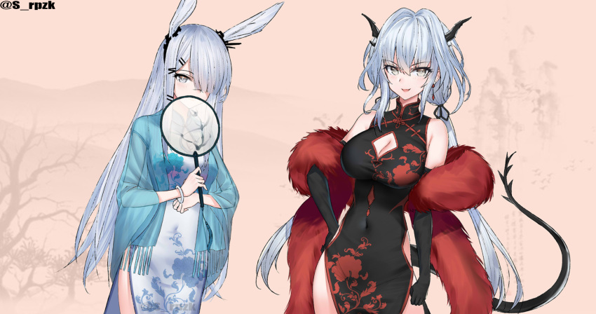 2girls animal_ears arknights bangs black_dress breasts china_dress chinese_clothes dress earrings fan frostnova_(arknights) hair_ornament highres horns jewelry kakeru_(kakeru) long_hair multiple_girls silver_hair simple_background tail talulah_(arknights) twintails white_dress