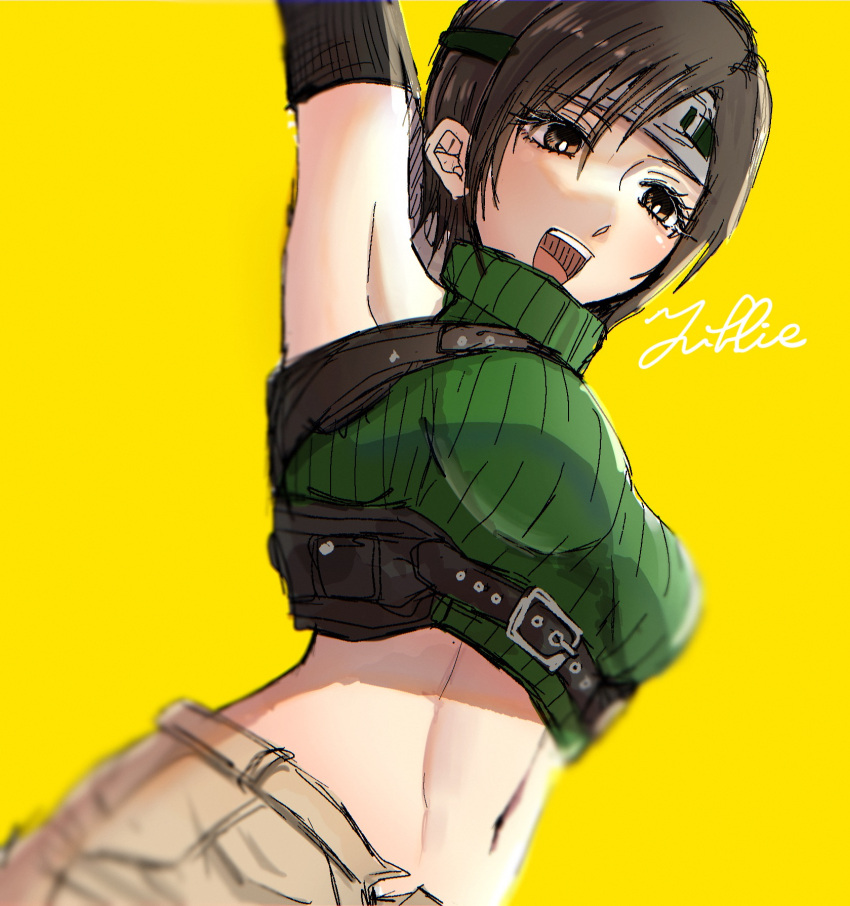 1girl :d arm_up armpits blurry breasts brown_eyes brown_hair brown_shorts character_name cropped_sweater depth_of_field dutch_angle final_fantasy final_fantasy_vii final_fantasy_vii_remake green_sweater headband highres looking_ahead medium_breasts midriff navel open_fly open_mouth ribbed_sweater short_hair shorts simple_background sleeveless sleeveless_turtleneck smile solo sweater turtleneck turtleneck_sweater upper_body upper_teeth yellow_background yuffie_kisaragi