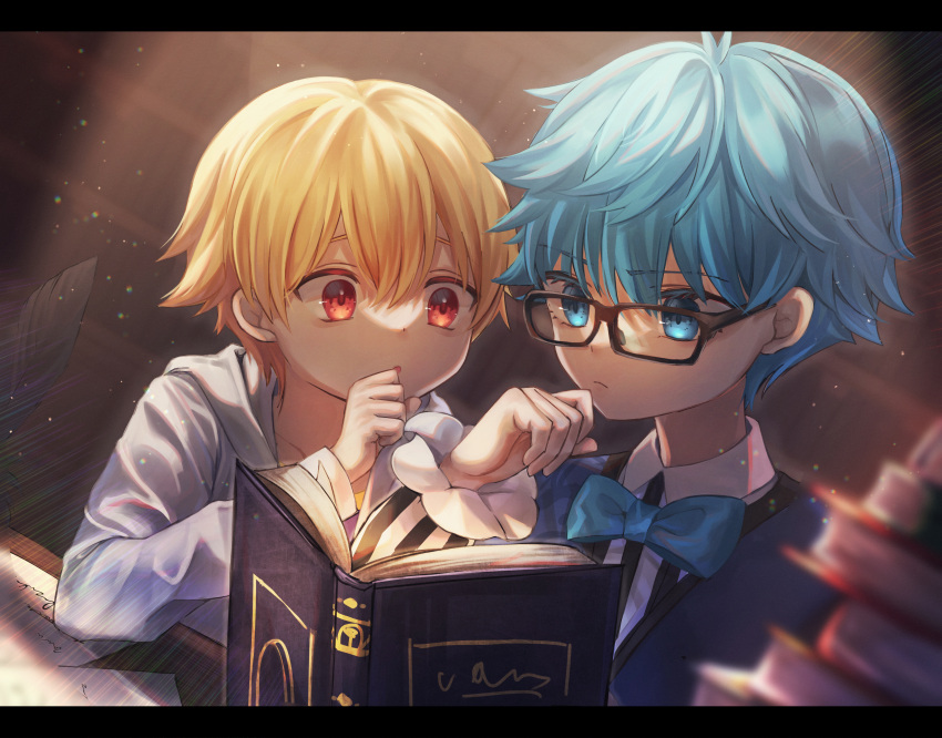 2boys absurdres black-framed_eyewear blonde_hair blue_bow blue_eyes blue_hair blue_vest book book_stack bow bowtie child_gilgamesh_(fate) fate/extra fate/grand_order fate/hollow_ataraxia fate_(series) glasses hans_christian_andersen_(fate) highres hood hoodie indoors letterboxed male_focus multiple_boys nagute reading red_eyes vest white_hoodie