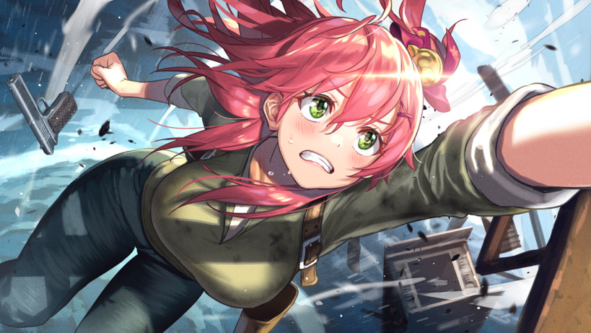 1girl bell blue_pants blue_sky blush breasts clenched_hand clenched_teeth clouds cloudy_sky commentary cosplay cowboy_shot day denim eyebrows_visible_through_hair falling glint green_eyes green_jacket gun hair_bell hair_between_eyes hair_ornament handgun hanging hikosan hololive jacket jeans large_breasts lips looking_up medium_hair nathan_drake nathan_drake_(cosplay) outdoors pants pink_hair sakura_miko shirt side_ponytail sky solo sweat teeth uncharted uncharted_2 virtual_youtuber weapon white_shirt x_hair_ornament