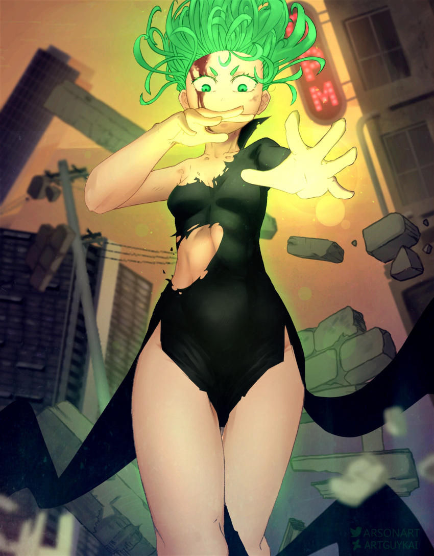 1girl absurdres black_dress breasts curly_hair dress green_eyes green_hair highres md5_mismatch one-punch_man short_hair side_slit small_breasts solo solo_focus tatsumaki thighs torn_clothes