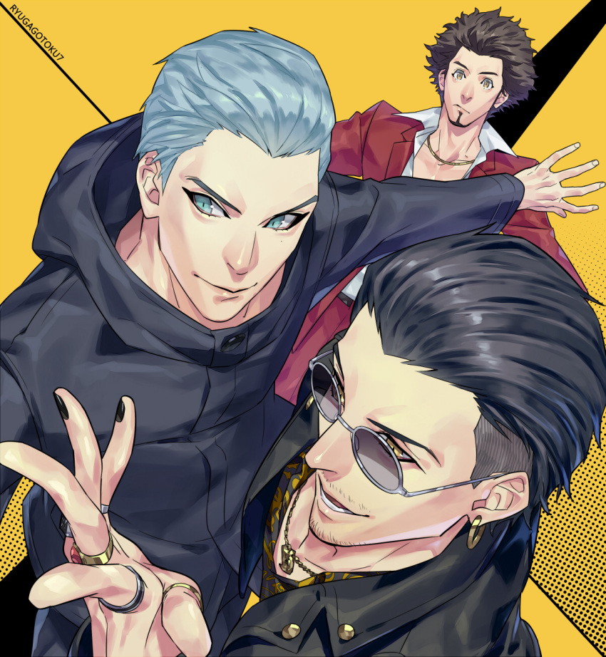 3boys afro black_hair black_jacket black_nails blue_eyes brown_hair cellphone earrings eyebrows facial_hair floral_print grey_eyes hair_slicked_back han_joon-gi highres jacket jewelry kasuga_ichiban male_focus multiple_boys phone protecting raised_eyebrow ring ryuu_ga_gotoku ryuu_ga_gotoku_7 shirt silver_hair talgi thumb_ring yellow_background yellow_shirt zhao_tianyou