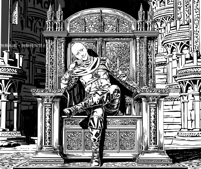 1boy armor bald boots cape crossed_legs elden_ring gloves greyscale grin head_rest kamezaemon leaning_to_the_side looking_at_viewer male_focus monochrome outdoors pants patches_(from_software) petals sitting smile solo teeth throne translation_request