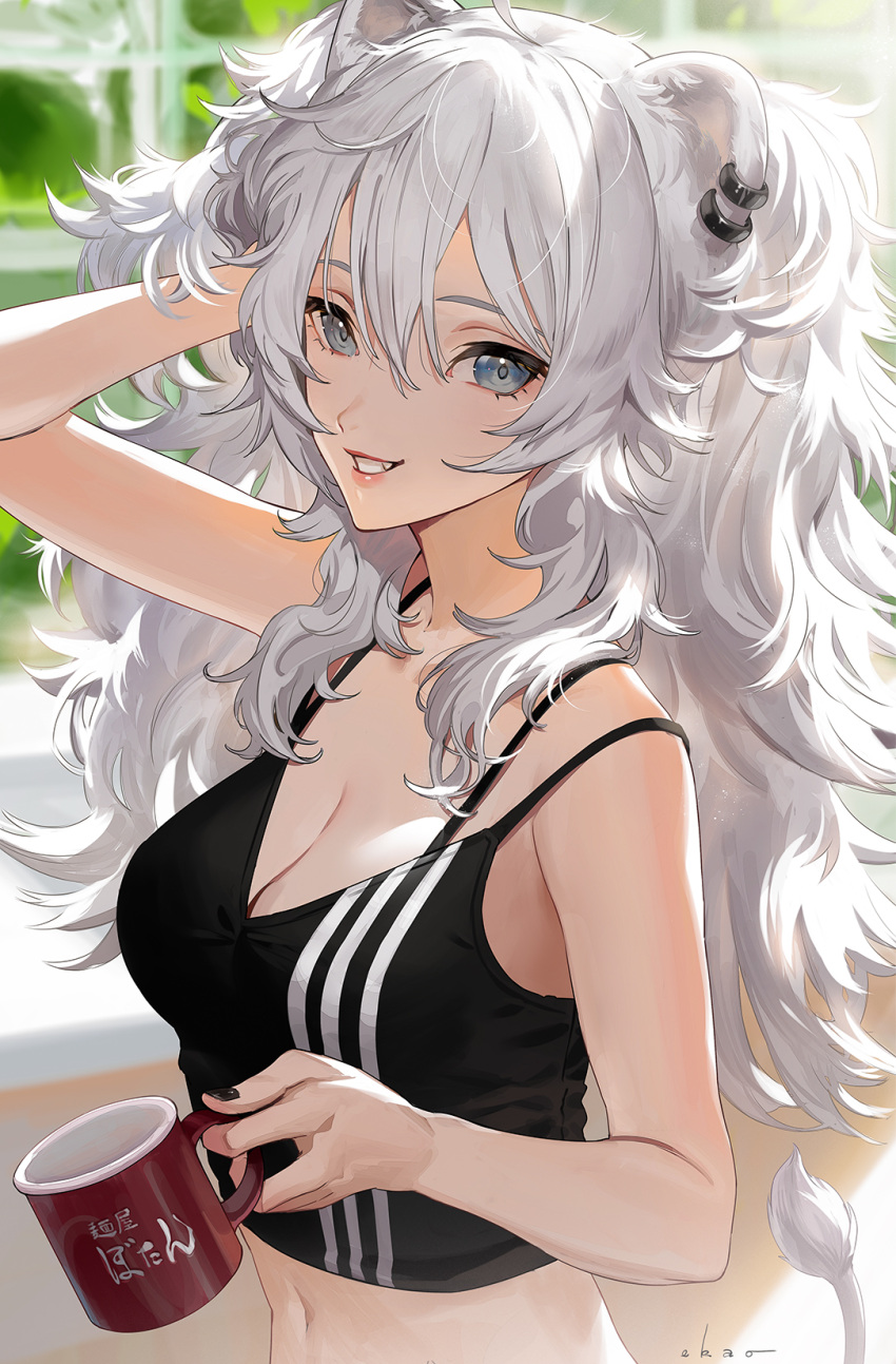 1girl animal_ears arm_up bare_arms bare_shoulders breasts coffee_mug collarbone counter cup earrings ekao fang grey_eyes hand_on_head highres hololive jewelry lion_ears lion_girl lion_tail long_hair medium_breasts messy_hair midriff morning mug nails navel shishiro_botan signature smile solo standing tail teeth virtual_youtuber white_hair window