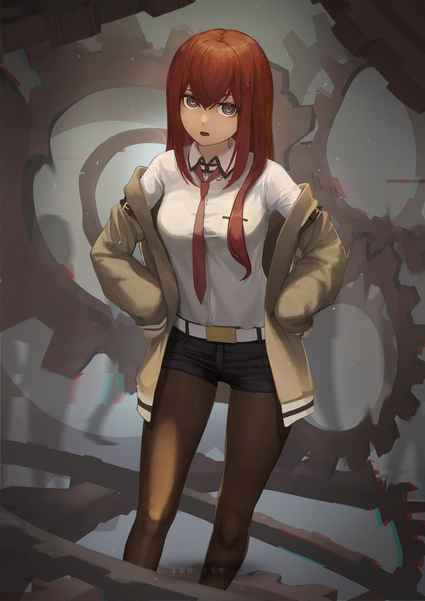 1girl bangs belt belt_buckle black_legwear black_shorts breast_pocket brown_jacket buckle commentary feet_out_of_frame gears grey_background hair_between_eyes hands_on_hips highres jacket legwear_under_shorts long_hair looking_at_viewer makise_kurisu necktie off_shoulder ola_(bunnyfly) pantyhose pocket red_neckwear redhead shirt short_shorts shorts sidelocks solo standing steins;gate thigh_gap white_belt white_shirt