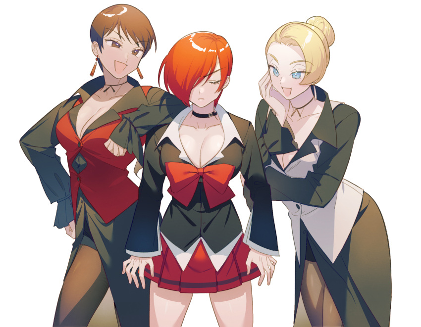 3girls artist_request blonde_hair breasts choker genderswap gloves hair_ornament hair_over_one_eye highres jacket jewelry long_hair mature_(kof) multiple_girls red_eyes redhead shirt short_hair smile snk_heroines:_tag_team_frenzy the_king_of_fighters the_king_of_fighters_'95 the_king_of_fighters_'96 vice_(kof) yagami_iori