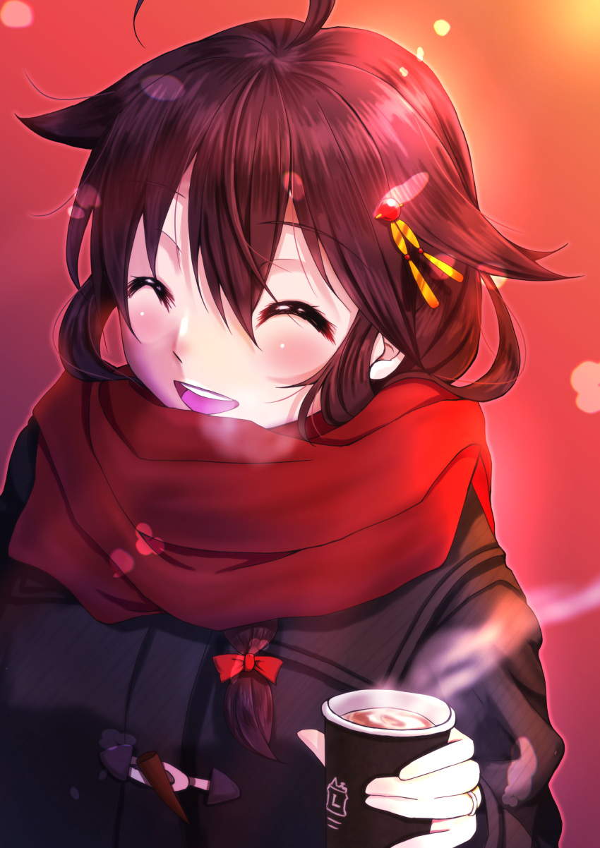 1girl :d ^_^ absurdres ahoge bangs black_coat bow brown_hair closed_eyes coat cup eyebrows_visible_through_hair hair_between_eyes hair_bow hair_over_shoulder highres holding holding_cup jewelry kantai_collection kanyasu long_sleeves open_mouth red_bow red_scarf ring scarf shigure_(kancolle) shiny shiny_hair short_hair smile solo teacup upper_body wedding_ring