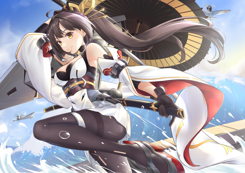 &gt;:) 1girl ahoge akagi_(blue_oath) bangs bare_shoulders black_gloves black_legwear blue_oath blue_sky brown_hair closed_mouth cup detached_sleeves dress gloves hair_intakes hair_ornament hairpin high_heels highres holding holding_cup holding_sheath holding_sword holding_weapon knee_up leg_up long_hair looking_at_viewer ocean pantyhose ponytail sheath short_dress sky sleeveless sleeveless_dress smile solo standing standing_on_one_leg sword thighband_pantyhose tsurupy underbust weapon white_sleeves yellow_eyes