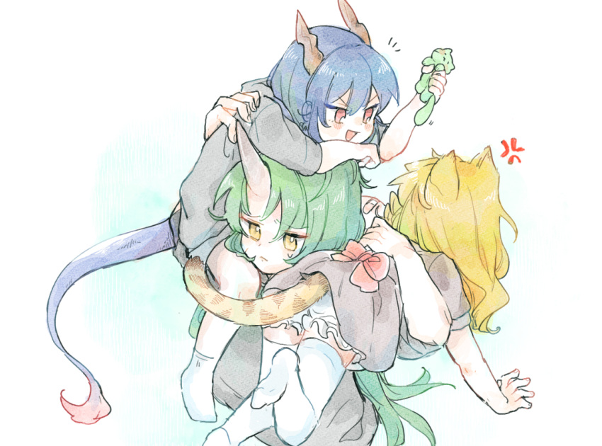 3girls anger_vein animal_ears arknights black_shirt blonde_hair blue_hair blush brown_dress carrying_over_shoulder ch'en_(arknights) dragon_horns dragon_tail dress fang green_hair horns hoshiguma_(arknights) long_hair looking_at_another mishima_coco multiple_girls oni_horns open_mouth red_eyes shirt single_horn socks stuffed_animal stuffed_cat stuffed_toy swire_(arknights) tail thigh-highs tiger_ears tiger_tail white_legwear yellow_eyes younger