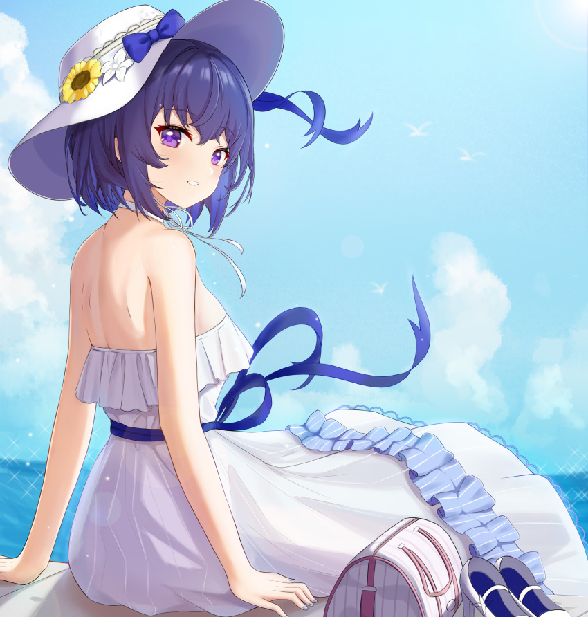 1girl absurdres alternate_costume back bag bare_shoulders benghuai_xueyuan blue_hair blue_ribbon blue_sky breasts clouds day dress eyebrows_visible_through_hair flower hat hat_flower high_heels highres honkai_(series) honkai_impact_3rd looking medium_breasts multicolored_hair nail_polish outdoors purple_hair ribbon seele_vollerei shoes_removed shorts sitting sky smile solo strapless strapless_dress sun_hat sunflower taw_(993004677) white_dress white_flower white_footwear yellow_flower