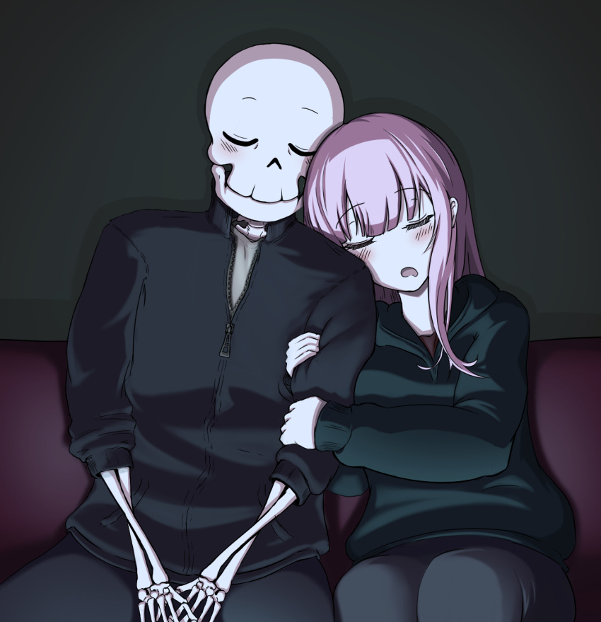 1boy 1girl bangs black_hoodie blush cleroviprimo closed_eyes couch english_commentary eyebrows_visible_through_hair hair_behind_ear highres holding_another's_arm hololive hololive_english hood hoodie mori_calliope open_mouth pink_hair sitting skeleton sleeping smile virtual_youtuber