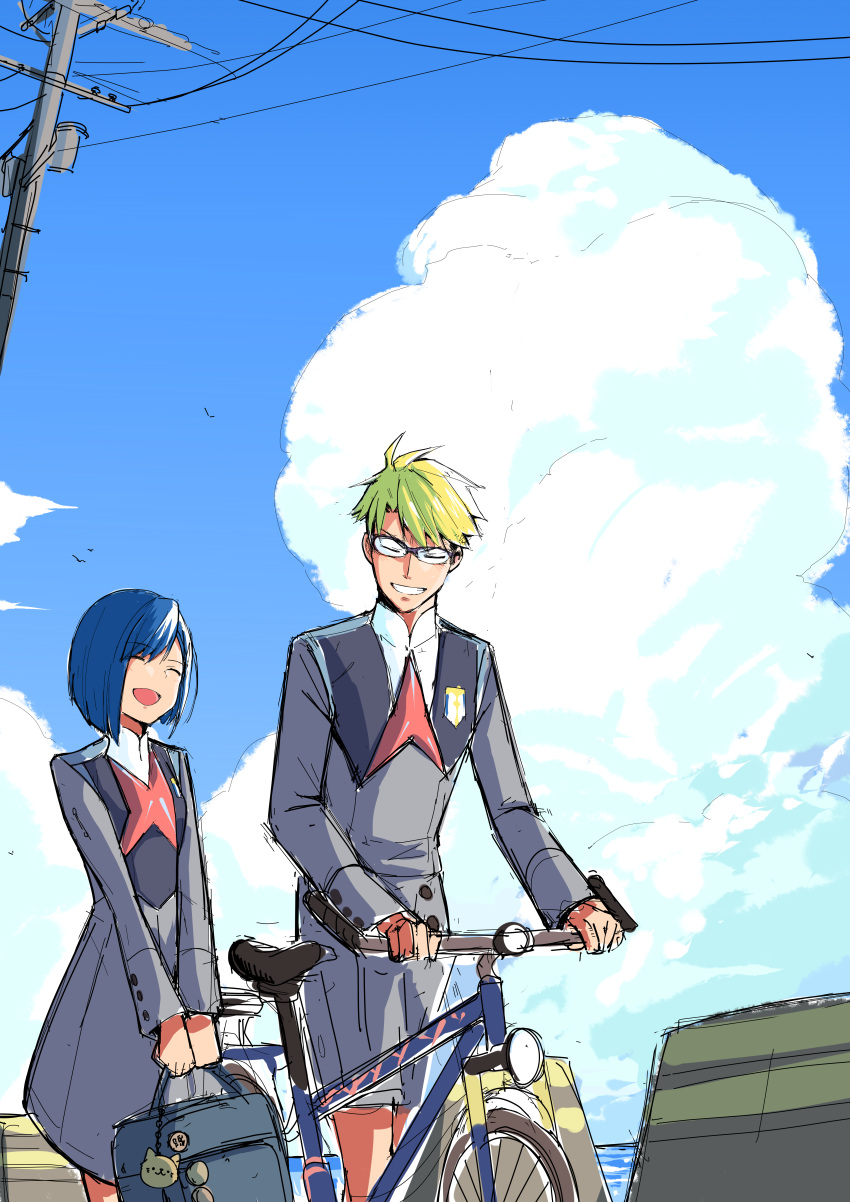 1boy 1girl :d absurdres bag bangs bicycle blonde_hair blue_hair blue_sky bob_cut chicke_iii closed_eyes clouds commentary darling_in_the_franxx day glasses gorou_(darling_in_the_franxx) grey_shirt grey_skirt grin ground_vehicle hair_strand headlight highres holding holding_bag ichigo_(darling_in_the_franxx) long_sleeves ocean open_mouth outdoors over-rim_eyewear power_lines school_bag school_uniform semi-rimless_eyewear shirt short_hair side-by-side skirt sky smile swept_bangs utility_pole walking walking_bike