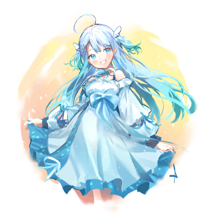 1girl ahoge amatsuka_uto aqua_hair bangs blue_bow blue_dress blue_hair blush bow cropped_legs detached_sleeves dress eyebrows_visible_through_hair floating_hair gradient head_tilt highres holding holding_clothes holding_dress indie_virtual_youtuber long_hair shijohane smile solo two_side_up virtual_youtuber wing_hair_ornament