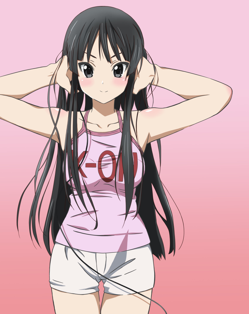 1girl absurdres akiyama_mio bangs bare_arms black_hair blush breast_grab breasts closed_mouth collarbone commentary_request derivative_work grabbing gradient gradient_background grey_eyes hands_on_own_head headphones highres k-on! large_breasts long_hair looking_at_viewer pink_background pink_tank_top shorts sidelocks simple_background smile solo standing taketake_(ristclutch-exployder) tank_top thighs tsurime white_shorts wire