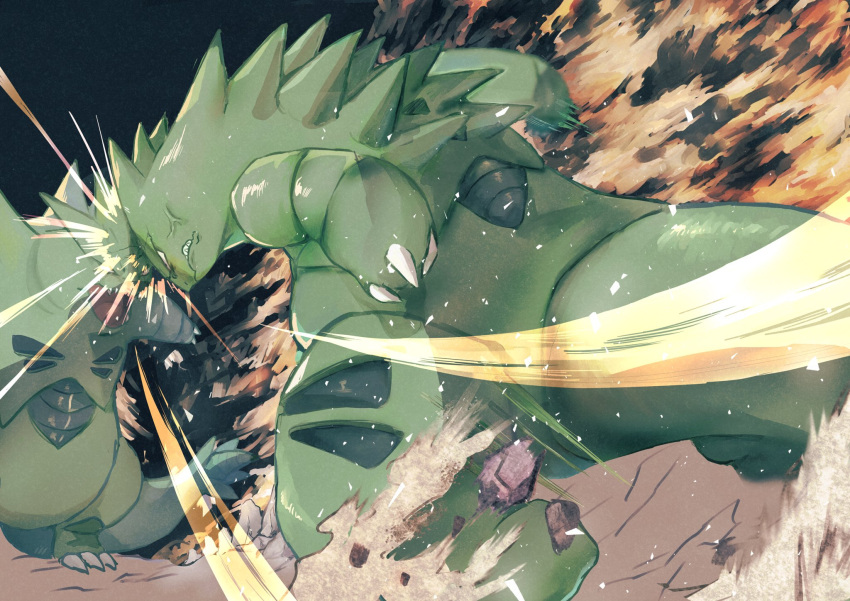 anger_vein attack battle claws clenched_teeth closed_mouth gen_2_pokemon headbutt highres kajitsu_ohima leaning_forward no_humans open_mouth pokemon spikes standing teeth tyranitar