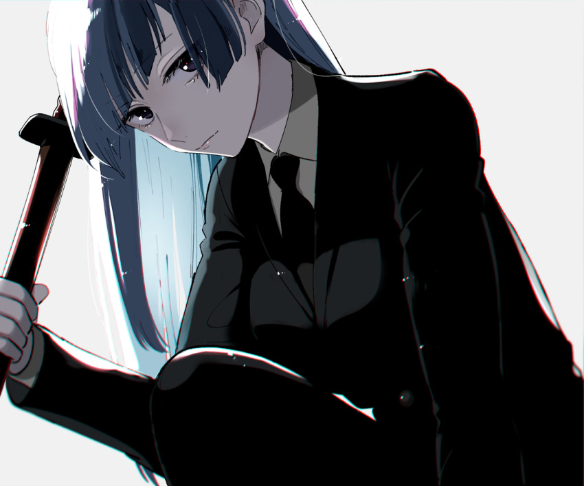 1girl asymmetrical_bangs backlighting bangs black_jacket black_neckwear black_pants black_suit breasts closed_mouth collared_shirt commentary expressionless eyelashes formal grey_background holding holding_sword holding_weapon jacket jujutsu_kaisen katana light_blue_hair lips long_hair looking_at_viewer medium_breasts miwa_kasumi necktie pant_suit pants scabbard sheath sheathed shirt simple_background solo squatting straight_hair suit sword ttkr_n3 violet_eyes weapon white_background white_shirt wing_collar
