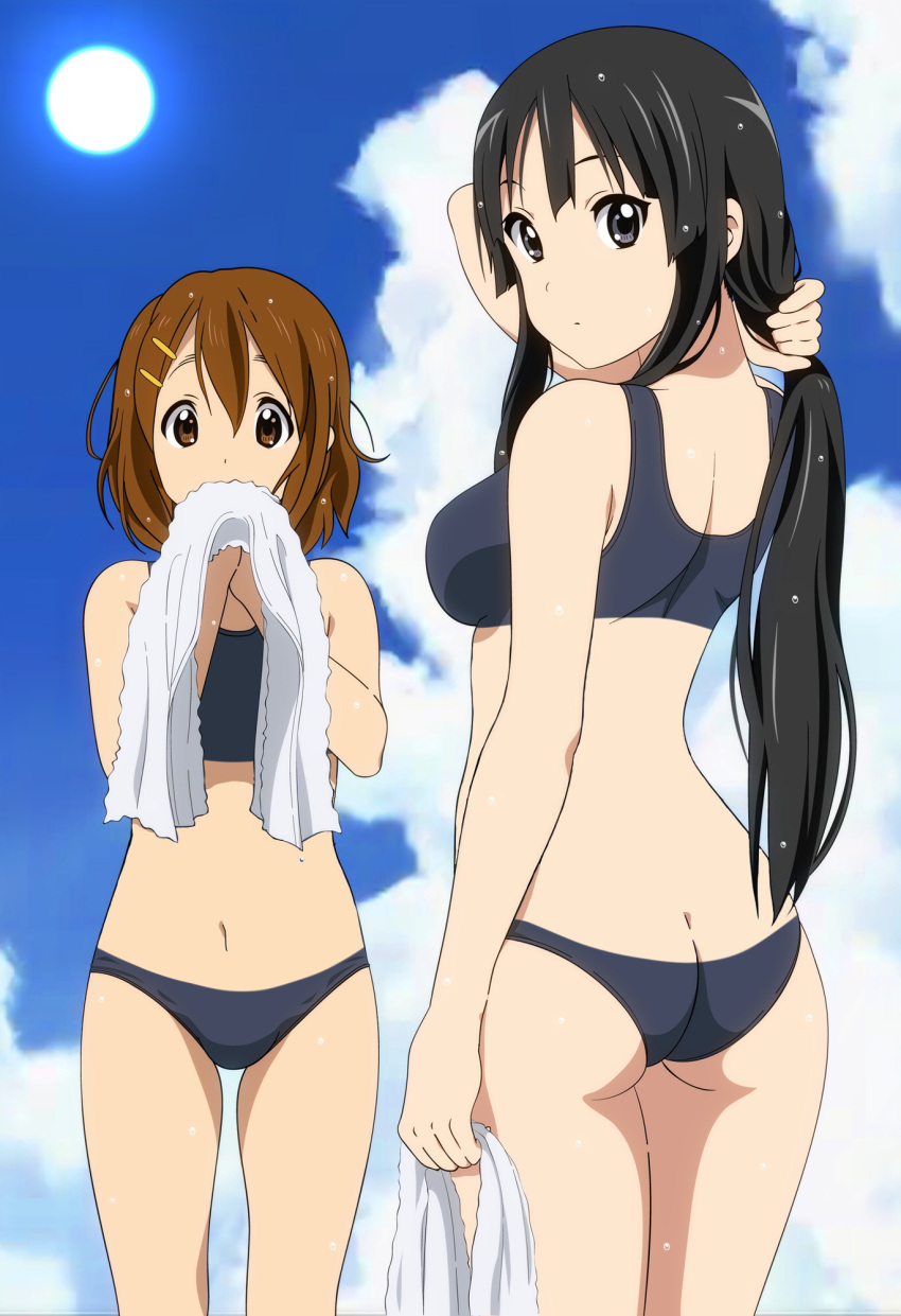 2girls akiyama_mio arm_at_side ass back bangs bare_arms bare_legs bikini black_bikini black_hair blue_sky brown_eyes brown_hair butt_crack clouds commentary_request covering_mouth day derivative_work green_eyes hair_between_eyes hand_in_hair highres hirasawa_yui holding holding_towel k-on! long_hair looking_at_viewer multiple_girls navel nozomiji outdoors short_hair shoulder_blades sky sports_bikini standing sun swimsuit swimwear thigh_gap thighs towel