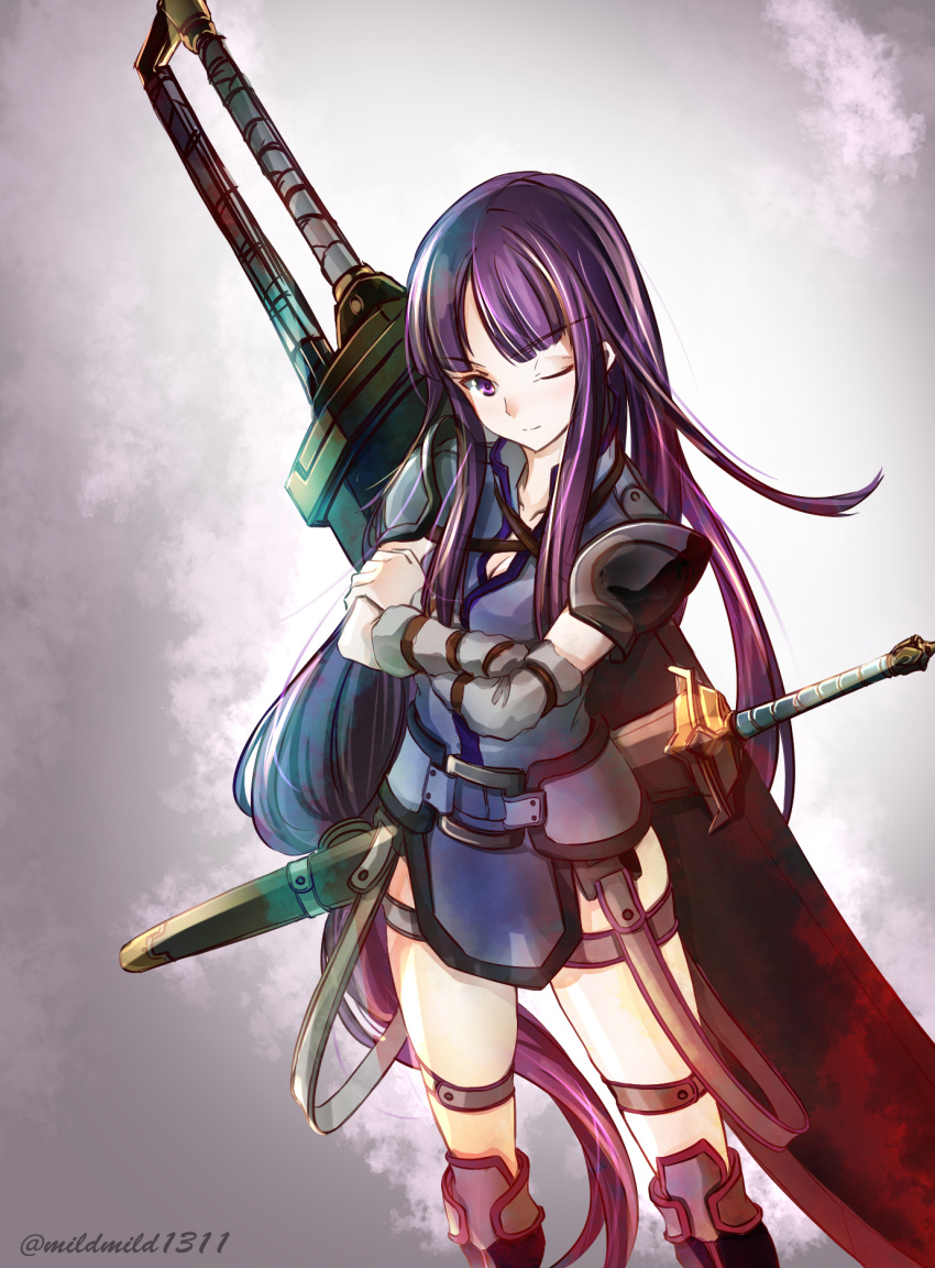 1girl adapted_costume alternate_costume altina arm_guards armor bloom clear_glass_(mildmild1311) crossed_arms detached_sleeves dress fire_emblem fire_emblem:_radiant_dawn fire_emblem_heroes highres huge_weapon one_eye_closed purple_hair sheath sheathed shoulder_armor solo sword twitter_username violet_eyes weapon