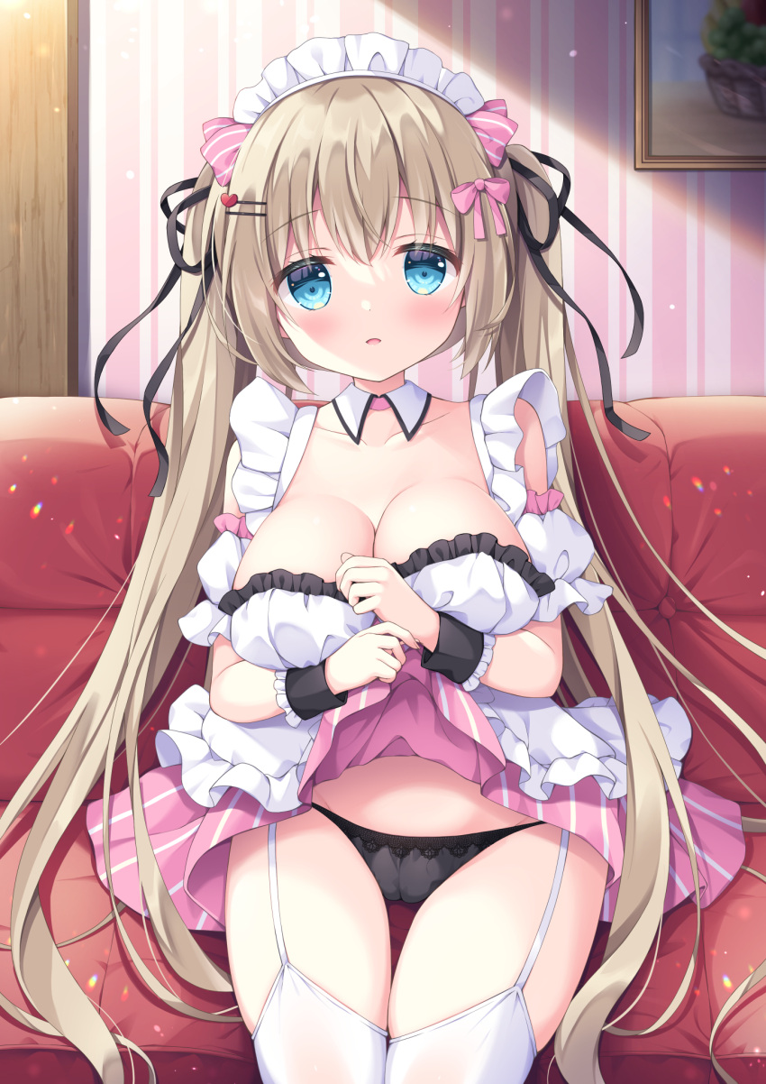 1girl black_panties black_ribbon blonde_hair blue_eyes blush bow bow_hairband breasts commentary_request hair_ribbon hairband highres indoors large_breasts long_hair looking_at_viewer maid moe2021 open_mouth original panties pink_bow revision ribbon satsuki_yukimi skirt skirt_pull solo thigh-highs underwear