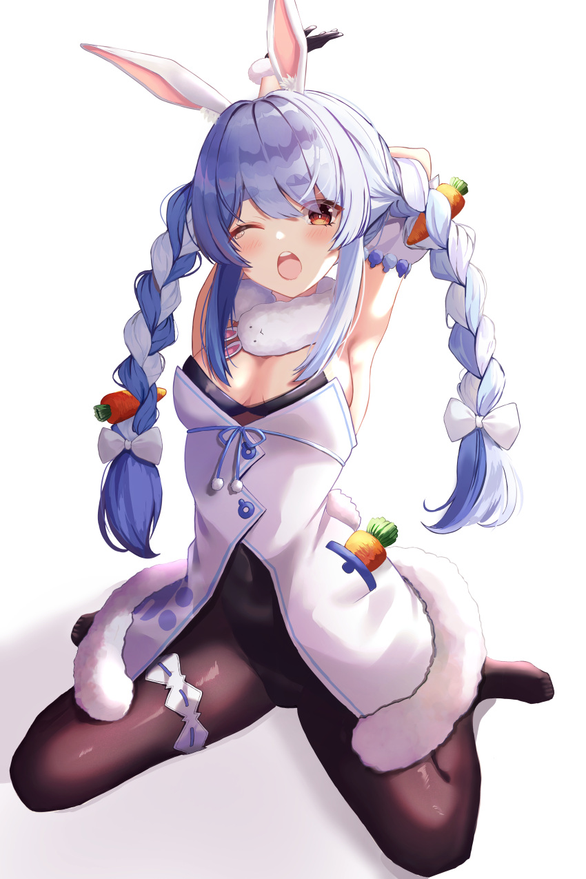 1girl ;o absurdres animal_ear_fluff animal_ears arm_behind_back arm_up armpits bangs bitseon black_gloves black_leotard blue_hair blush bow braid breasts brown_legwear bunny-shaped_pupils bunny_tail carrot carrot_hair_ornament commentary covered_navel detached_sleeves dress eyebrows_visible_through_hair food_themed_hair_ornament full_body fur-trimmed_dress fur-trimmed_gloves fur_scarf fur_trim gloves hair_between_eyes hair_bow hair_ornament highres hololive leotard long_hair looking_at_viewer multicolored_hair one_eye_closed open_mouth orange_eyes outstretched_arm pantyhose pocket pom_pom_(clothes) puffy_short_sleeves puffy_sleeves rabbit_ears revision shadow shiny shiny_clothes shiny_hair short_dress short_eyebrows short_sleeves sidelocks simple_background sitting sleeveless sleeveless_dress small_breasts solo stretch tail tears thick_eyebrows thigh_strap twin_braids two-tone_hair upper_teeth usada_pekora virtual_youtuber wariza white_background white_bow white_dress white_hair yawning