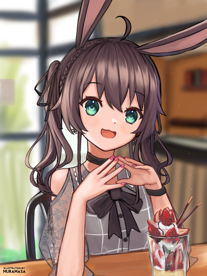 1girl :3 absurdres animal_ears artist_name bangs black_bow black_choker blurry blurry_background blush bow brown_hair choker cowlick eyebrows_visible_through_hair green_eyes hands_together head_tilt highres hololive kemonomimi_mode looking_at_viewer muramasa_dash natsuiro_matsuri open_mouth parfait pink_nails rabbit_ears sitting smile solo twintails virtual_youtuber